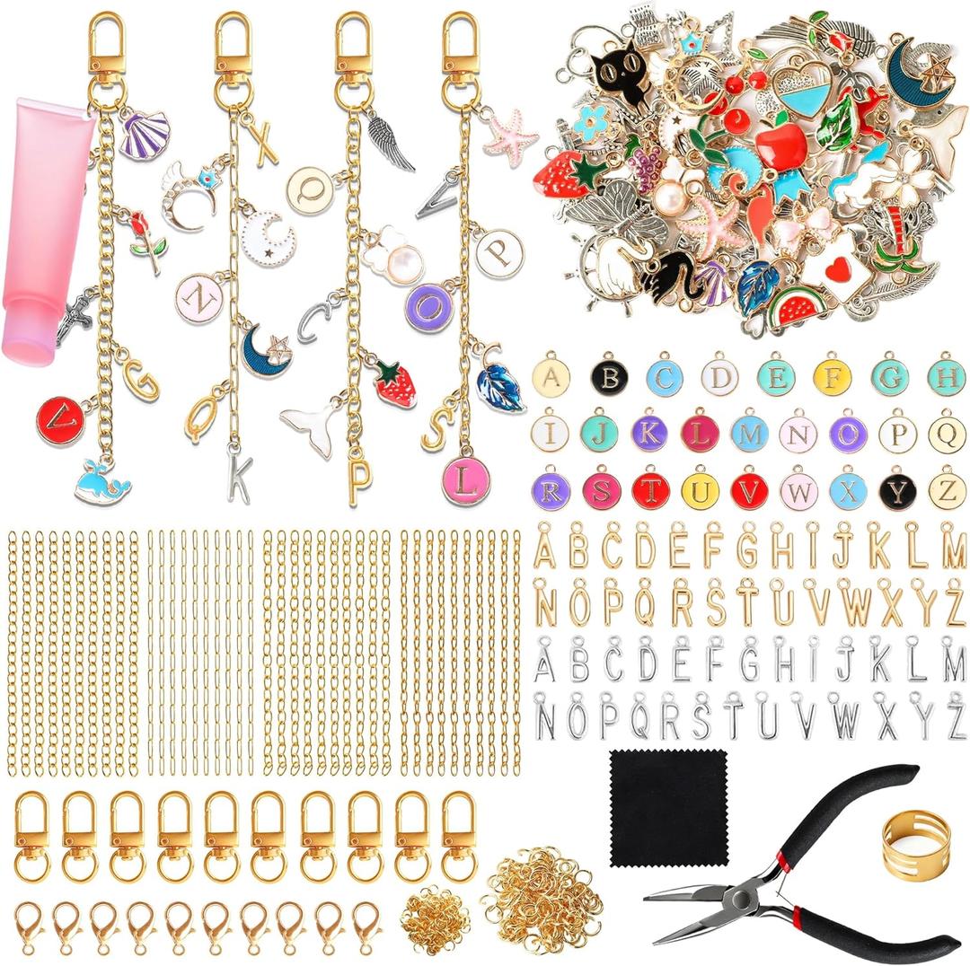 SUTROMA 501pcs Lip Gloss Charms Keychain Kit - Bag Charm Kit with 138 Charms 10 Keychain Clips 40 Extender Chains & Jewelry Plier - DIY Jewelry Making Supplies for Keychains