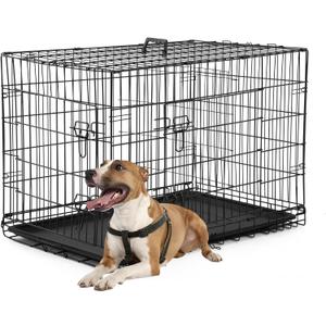 FDW Dog Crate Dog Kennel Cage with Double Door, 36 inch Folding Metal Wire Dog Cage with Removable Tray & Divider Panel, Pet Crate for Medium Dogs, Black