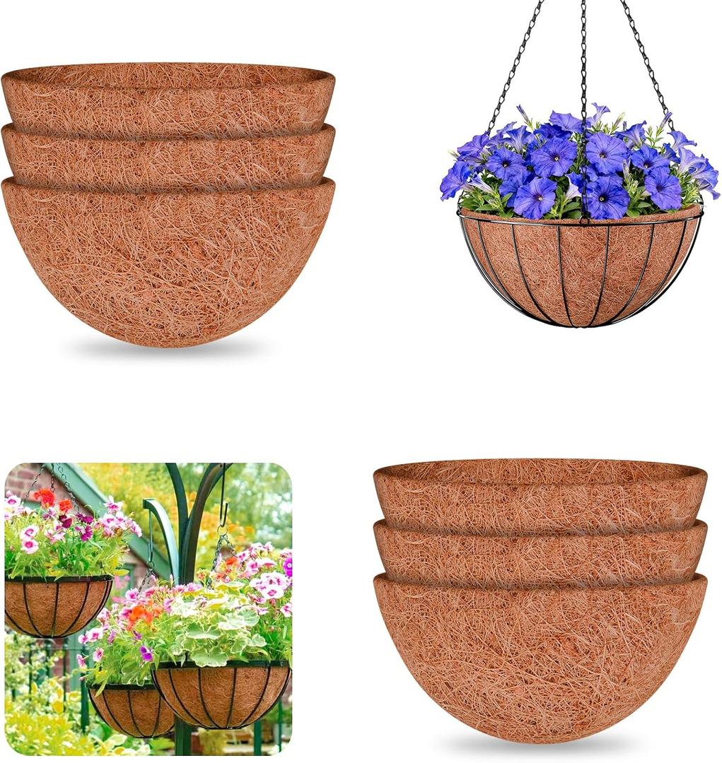 Halatool 6 Pack 10 Inch Coco Liner for Hanging Baskets Replacement Round Coconut Liners for Planters, 100% Natural Coco Fiber for Flowers Vegetables Garden, Drainage & Retain Moisture
