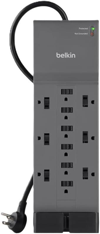 Belkin 12-Outlet Surge Protector Power Strip w/ 12 AC Outlets & 8ft Flat Plug, UL-Listed Heavy-Duty Extension Cord for Home, Office, Travel, Computer, Laptop, Charger - 3,940 Joules of Protection