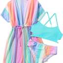 Girls Bikini Set 3 Piece - Striped Multicolored Swimsuit with Quick Dry Cover Up - Bathing Suit for Kids 6-14 Years