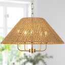 LamQee 5-Lights Rattan Farmhouse Chandeliers for Dining Room, Hand Woven Boho Chandelier Light Fixtures Ceiling Hanging, Rustic Large Wicker Pendant Lighting for Kitchen Island Over Table Living Room (Medium, 21.65" Brown and gold metal)