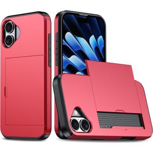 Compatible with iPhone 17 Case with Card Holder, for iPhone 17 Phone Case Shockproof Heavy Duty Protective Cover (Red)