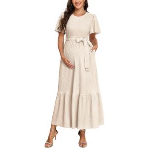 AISWI Maternity Short Sleeve Maxi Dress with Belt Crew Neck Pregnancy Tiered Ruffle Flowy Pocket Dresses Baby Shower