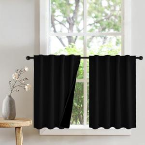 PONY DANCE Black 100% Blackout Short Curtains 24 Inches Long for Kitchen, Thermal Insulated Cafe Curtains for Bathroom/Camper/Dorm, Small Window Room Darkening RV Drapes, 2 Panels Set, 29Wx24L