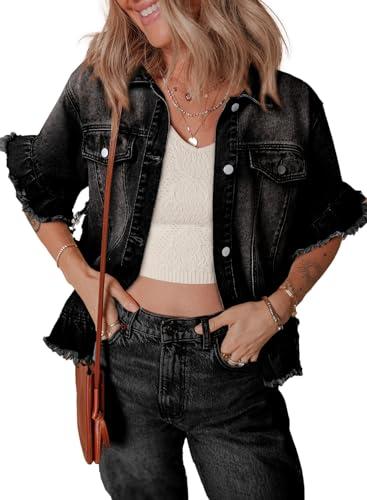 Sidefeel Shackets for Women 2025 Short Sleeve Button Down Ruffle Jean Jackets Casual Washed Denim Jackets Black S