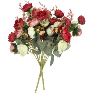 PATIKIL 7 Branch 21 Heads Artificial Silk Mini Rose with Stem, 2 Pack Fake Flowers Leaf Rose Decor Bouquet for Wedding Home Office Decoration, Red