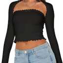 Women's 2 Piece Lace Long Sleeve Tops Cute Ribbed Knit Bow Knot Lace Tube Top Sexy Slim Fit T Shirts (Black), S