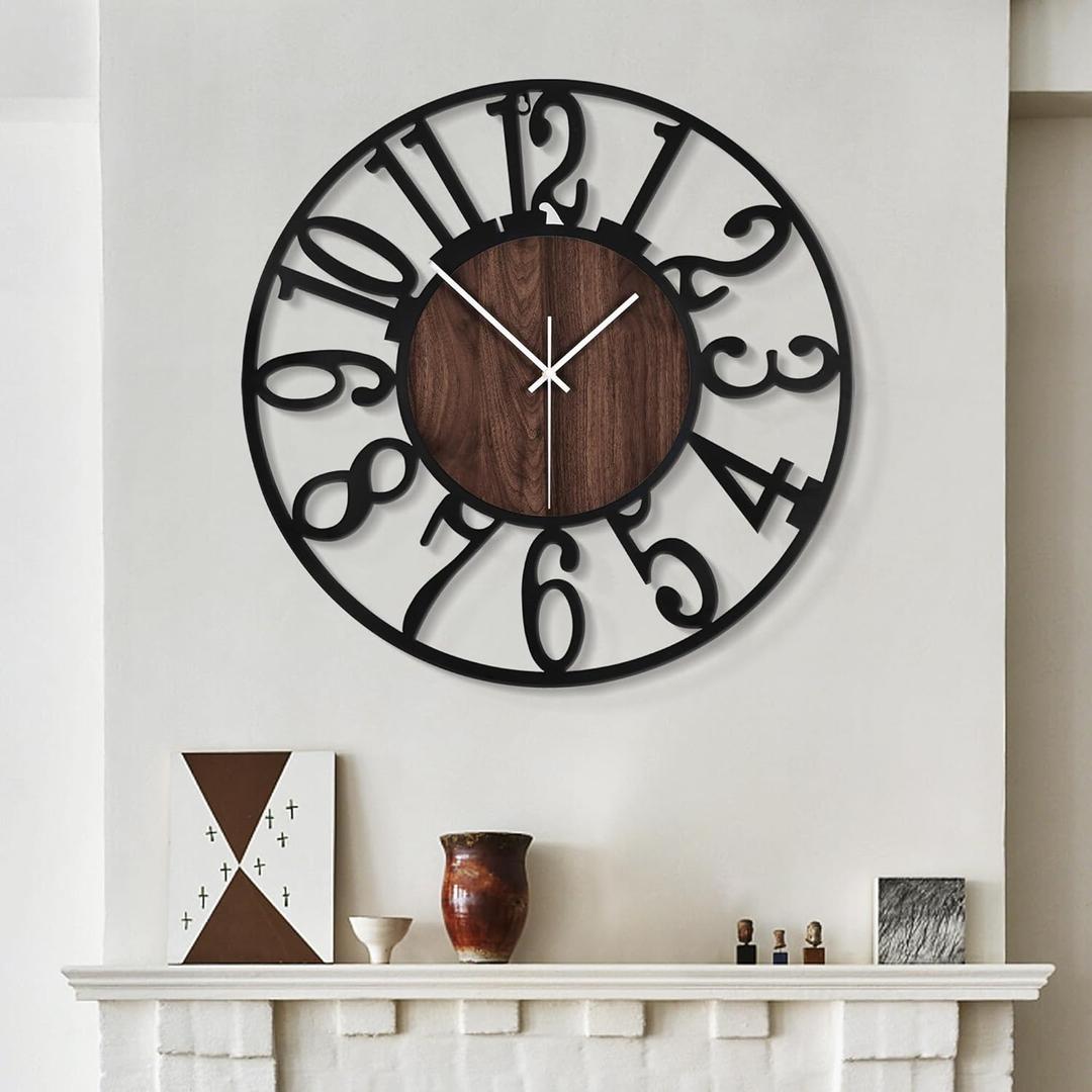 LEIKE Large Wall Clocks,Silent,Non Ticking,Battery Operated Big Retro Round Modern Wood Wall Clock for Living Room, Bedroom, Dinning Room, Farmhouse, Office, Home Decor-20 Inch (Black-Arabic Number)