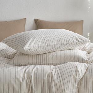 MooMee Bedding Pillowcases Striped Pack of 2 100% Washed Cotton Linen Like Textured Breathable Durable Soft Comfy (White Tannish Linen Grey Wide Stripes, Standard)