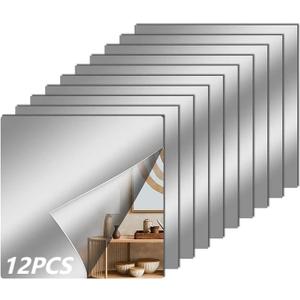 12 Pcs Flexible Mirror Sheets Stickers, Non Glass Safety Reflective Mirror, 12 x 12 in Self Adhesive Square Cuttable Mirror Wall Stickers for DIY Craft Home Wall Decoration