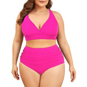 American Trends Womens Plus Size Bikini Set - Tummy Control, High Waisted 2 Piece Swimsuits Bathing Suits, Rose Red, 16 Plus