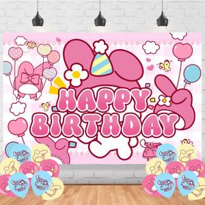 My Cute Birthday Party Backdrop,Kawaii Cute Melodyy Birthday Party Decoration,Melodyy Happy Birthday Banner Shoot Photo Backgrounds Props for Boys and Girls Party 5x3ft