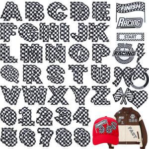 Meneng Letters and Numbers Patches for Racing: 82 Pcs Iron On Checkered Letters with Car Patches - Embroidered Flag Lightning Patch for Jacket Hat Customization