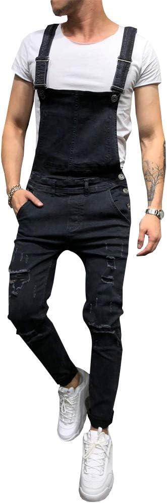 LONGBIDA Men's Denim Bib Overalls Fashion Slim Fit Jumpsuit with Pockets(Black_01, S)