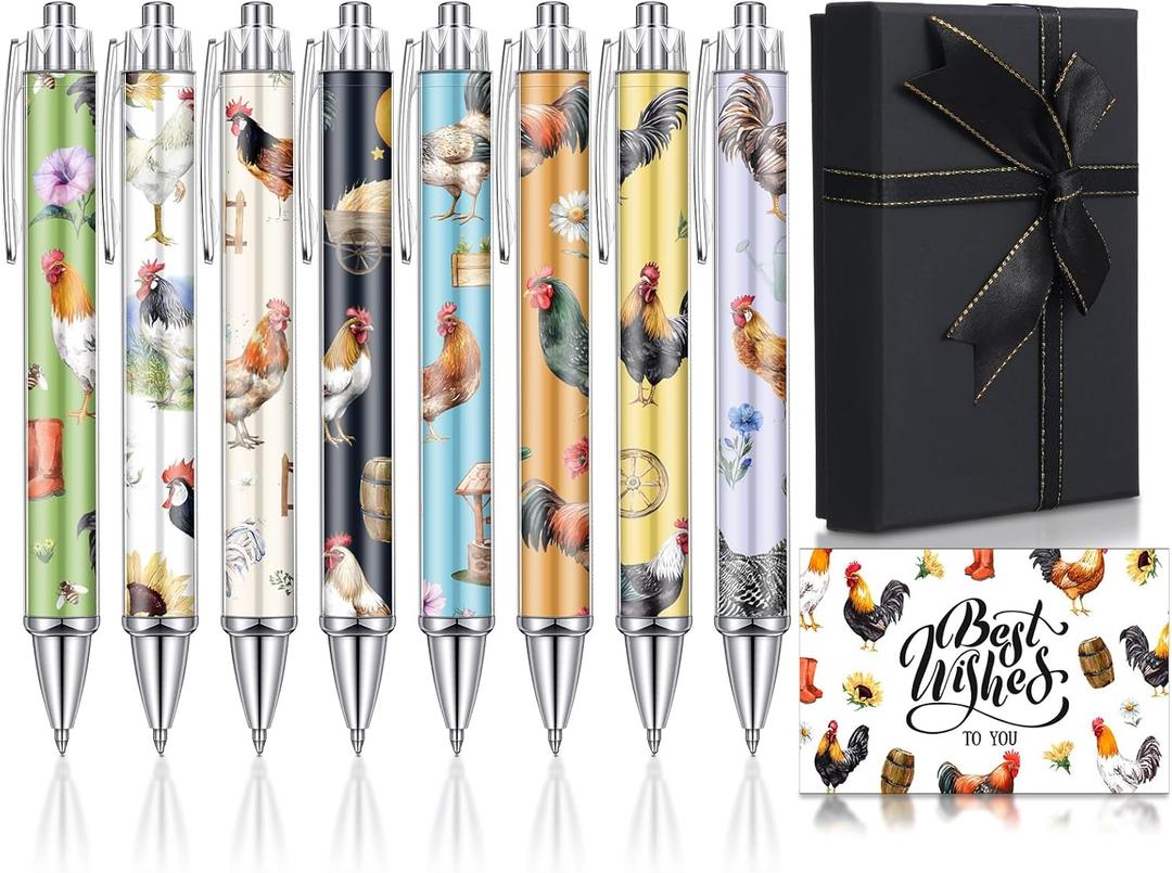 8 Pcs Rooster Ballpoint Pens Retractable Black Ink Cartoon Rooster Pen with Black Gift Box and Greeting Card for Women Men Teacher Students Gifts Journaling School Office Supplies (Elegant Color)
