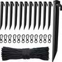 Plastic Inflatable Stakes Set, Include 12PCS Tent Stakes, 12Pcs of Hooks, and 65.5 FT Rope for Halloween Christmas Holiday Inflatables Garden Decorations (Black)