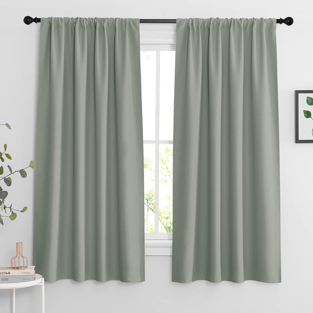 RYB HOME Blackout Curtains for Bedroom Living Room 63 inches Long, Thermal Insulated Privacy Rod Pocket Drapes for Nursery Office Home Theater, Width 42 by Length 63, Greyish Green, 2 Panels