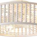 Ceiling Fans with Lights and Remote - Bulbs Included, Caged Fandelier with Handcrafted Beaded Décor 19 inches Reversible Flush Mount Installation Ceiling Fan, Off-White