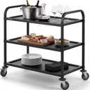 CURTA Black Stainless Steel Serving Cart, 3-Tier Rolling Utility Trolley (38"x20"x37"), Heavy Duty Painted Kitchen Cart on Wheels with Brakes, Commercial Grade for Restaurant, Hotel, Salon & Lab