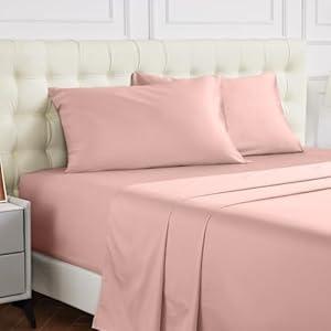 Warmstar 100% Cotton Queen Sheet Set, Durable Cotton Bed Sheets Sateen Soft Cotton Queen Size Sheet Set Deep Pocket, 4 Pc Breathable Bed Sheet Set -1 Flat Sheet, 1 Fitted Sheet, 2 Pillowcases, Pink