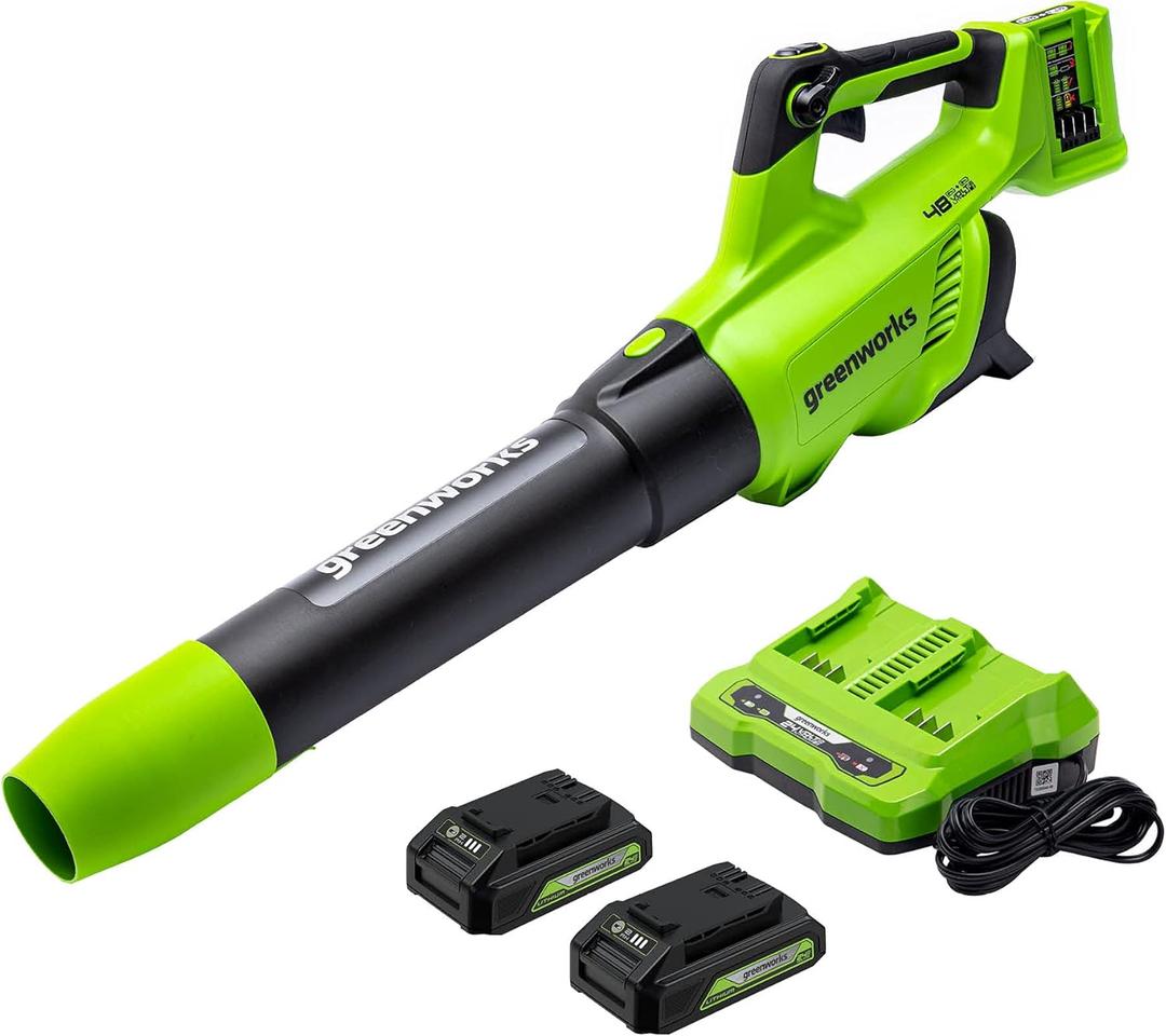Greenworks 48V (24V x 2) Cordless Axial Leaf Blower (125 MPH / 515 CFM / 200+ Compatible Tools), (2) 2.0Ah Batteries and Dual Port Charger Included
