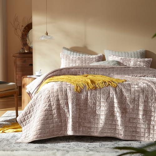 LEAONME Velvet Quilt Full/Queen Size-90''x98'', Lightweight Dusty Pink Comforter , Soft Bedspread Coverlet Quilted Bedding Set for All Season