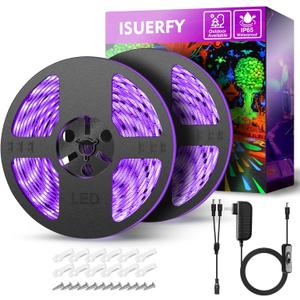 IP65 Waterproof LED Black Light Strip Kit 40ft/12M 720 LEDs, 12V Flexible Blacklight Fixtures, 385-400nm, Black Light LED Strips for Glow Party Body Paint Outdoor Indoor Decor Birthday Party Halloween
