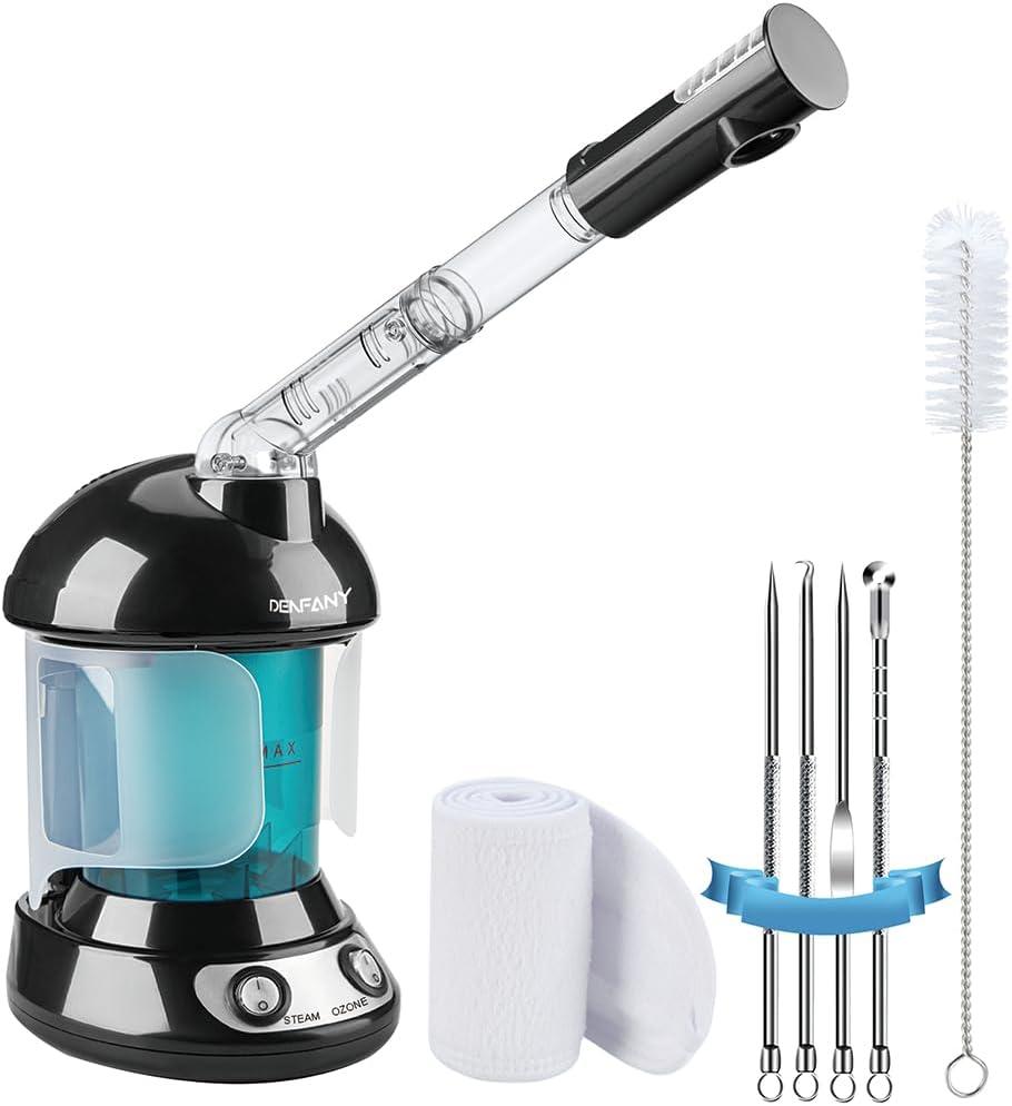 Facial Steamer - DENFANY Nano Ionic Face Steamer with Extendable 360 Rotating Arm - Portable Facial Steamer for Personal Care at Home or Salo Black