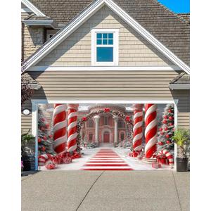 13X6ft Christmas Candyland Garage Door Decorations, Extra Large Candy Christmas Backdrop Background Photo Xmas Holiday Garage Door Covers Murals Backdrops Decoration for Home Holiday Party (Red)