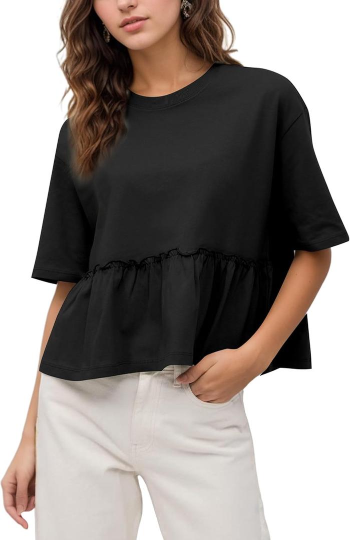 Women Summer Short Sleeve T-Shirts Oversized Dressy Casual Work Blouses Cropped Cute Ruffle Babydoll Peplum Tops (Black, L)