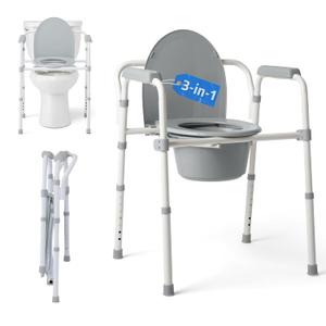 Medline Dark Gray 3-in-1 Folding Commode with Elongated Seat, Microban Treated - Portable, Adjustable, Durable - Ideal for Medical Patients