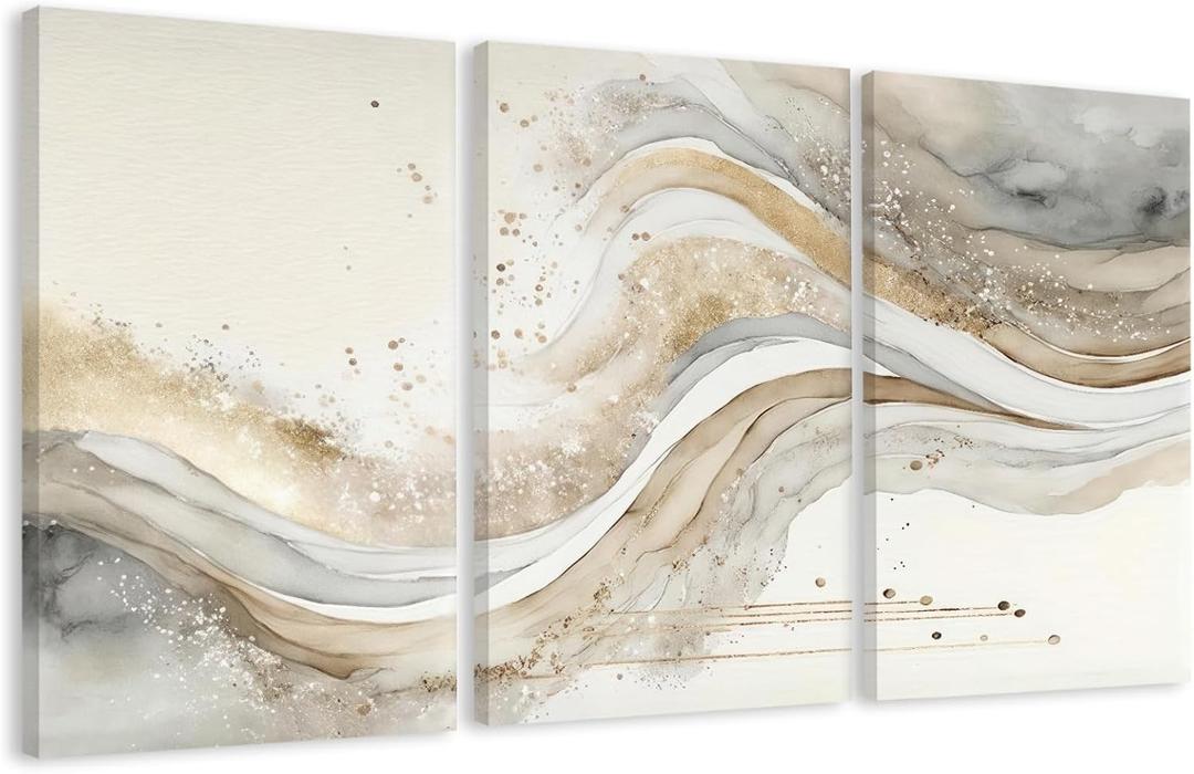 AVECCO 3 Pieces Gold Wave Abstract Wall Art, Modern Pictures Canvas Stylish Wall Decor,Minimalist Gold Art Prints for Bedroom Living Room Office Home Decoration Ready to Hang 20x30 Inch