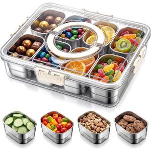 Snack Box Container with 9 Removable Stainless Steel Compartments, Divided Serving Tray with Clear Locking Lid & Carry Handle, Snack Organizer for Lunch, Parties, Travel