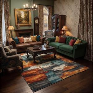 5x7 Area Rug for Living Room,Modern Abstract Burnt Orange Rug,Terracotta and Teal Brushstroke,Washable Rug,Non Slip, Bedroom, Dining Room, Home Office (Orang1)