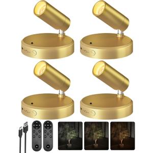 EZVALO LED Spotlight Indoor, 5500mAh Rechargeable Battery Uplighting Indoor, Wireless Mini Art Accent Spot Lights with Remote, for Plants Display Painting Dartboard Artwork Portrait Closet(4Pack-Gold)