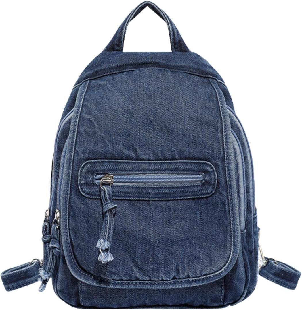 Denim Mini Backpack for Women, Small Canvas Purse Casual Backpack,Vintage Aesthetic Lightweight Preppy Daily Bookbag (【Deep Blue】)