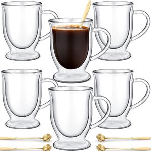 Gejoy 6 Sets Double Wall Glass Coffee Mugs with Spoon Insulated Clear Coffee Mug with Handle Borosilicate Glass Coffee Cups Latte Cup for Cappuccino, Tea, Latte, Espresso, Hot Beverage(16 OZ)