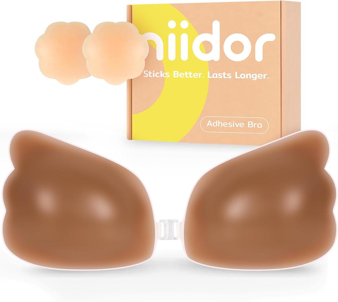 Niidor Adhesive Bra Strapless Ultra Sticky Invisible Push up Silicone Bra Multiple Colors Sizes Reusable for Backless Dress (Wing Bronze)