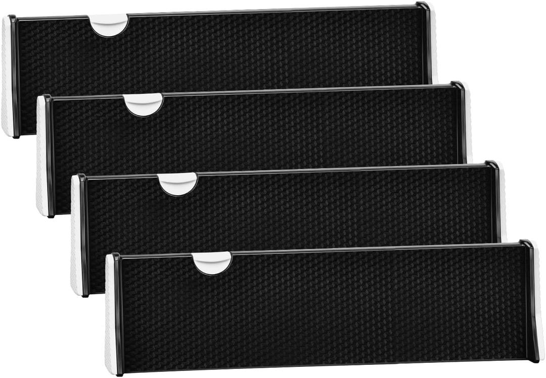 JONYJ Drawer Dividers Organizer 4 Pack, Adjustable Separators 4" High Expandable from 14.9-21" for Bedroom, Bathroom, Closet,Clothing, Office, Kitchen Storage, Strong Secure Hold, Foam EndsBlack