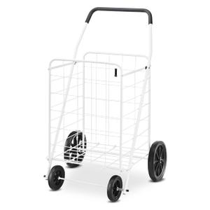 Whitmor Deluxe Utility Foldable Shopping Cart with Wheels, 100 Lb Capacity, Heavy Duty Grocery Cart with Steel Frame, Foam Handle, Rolling Folding Utility Trolley for Grocery, Laundry, Travel, White