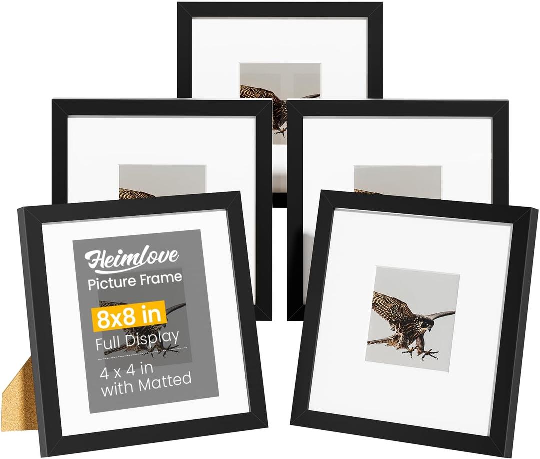 8x8 Picture Frame Set of 5,Display 4x4 Pictures with Mat or 8x8 without Mat, Black 4x4 Photo Frames Tabletop or Wall Mount Display for Poster Diploma Certificate Document Prints Photos Paintings