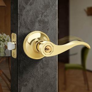 Moquin Wave Design Keyed Entry Door Lever with Lock, Reversible Door Handle for Right/Left Side for Front/Entrance Door Lock in Polished Brass Finish (1 Pack)