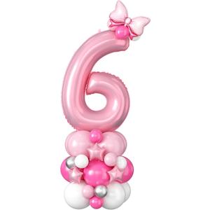 40 Inch Pink Number 6 Balloon for 6th Birthday Decorations Pastel Baby Pink Number Six Foil Balloon Tower Giant Large Digit Hot Pink White Helium Mylar Balloons Stack Stand for Girls Anniversary Party