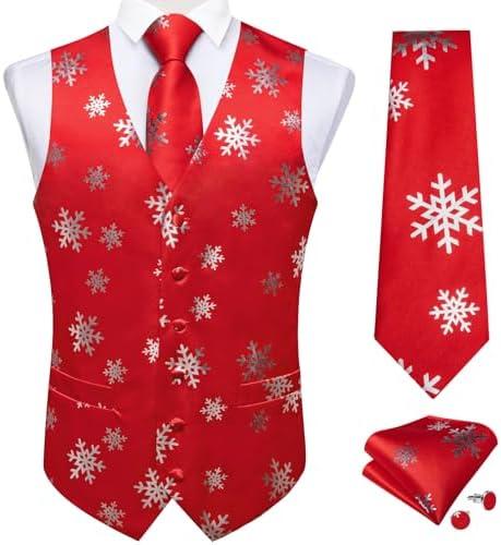 DiBanGu Mens Christmas Suit Vest and Tie Set Fun Snowflake Holiday Party Waistcoat Necktie Pocket Square Cufflinks Size L