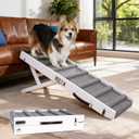 Dog Ramp for Small & Medium Dogs Foldable Pet Ramp for Bed (White) | 5 Adjustable Heights 13.98"-27.56'', No Assembly, Non-Slip Carpet, Portable Handle, Natural Wood Frame, Senior Dog Friendly