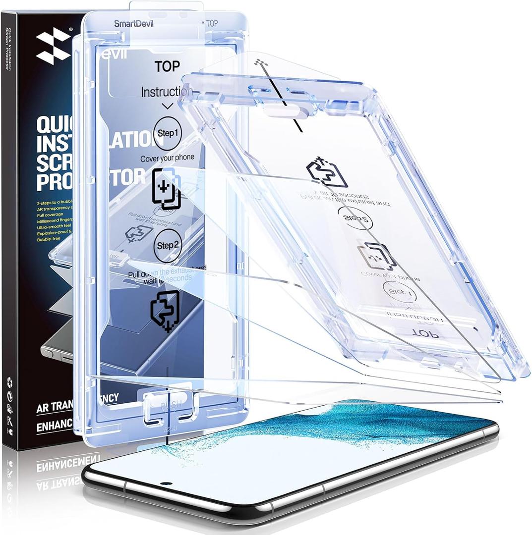 SMARTDEVIL [3 Pack for Samsung Galaxy S22 Screen Protector, Finger Print Reader Compatible, Fast & Easy Installation, Clear 9H Tempered Glass Film, Alignment Frame [Dust-Free & Bubble-Free]