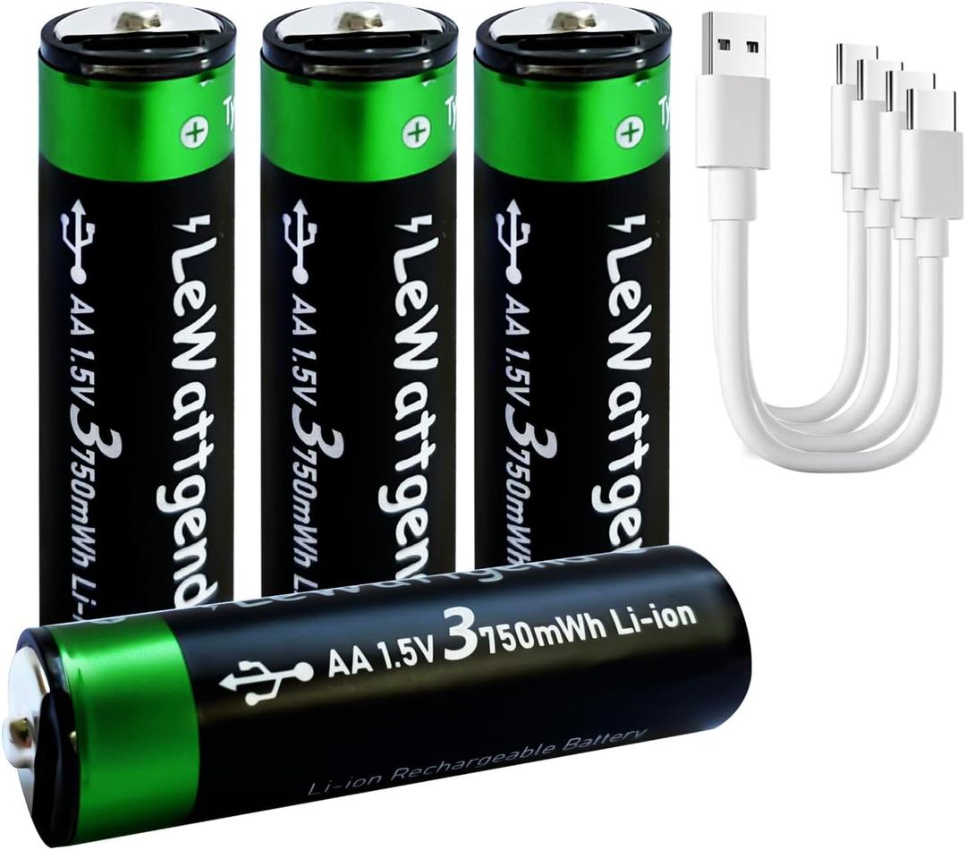 Lithium AA Batteries 4 Pack, Rechargeable Double A Battery 1.5V 3750mWh with USB-C Cable, 2H Fast Charge, Over 1200 Cycles