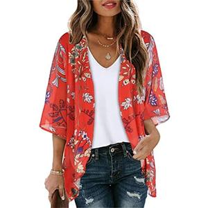 Women's Floral Print Puff Sleeve Kimono Cardigan Loose Cover Up Casual Blouse Tops 2026 Size L