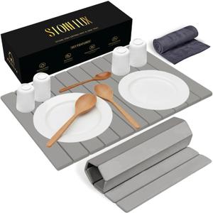 Large Stone Dish Drying Mat for Kitchen Counter, 24"x16", Fast Drying Collapsible, Diatomaceous Earth Mat, Super Absorbent Folding Mat for Dishes, Bottles, Glass, Heat-Resistant, Non-Slip (Light Gray)